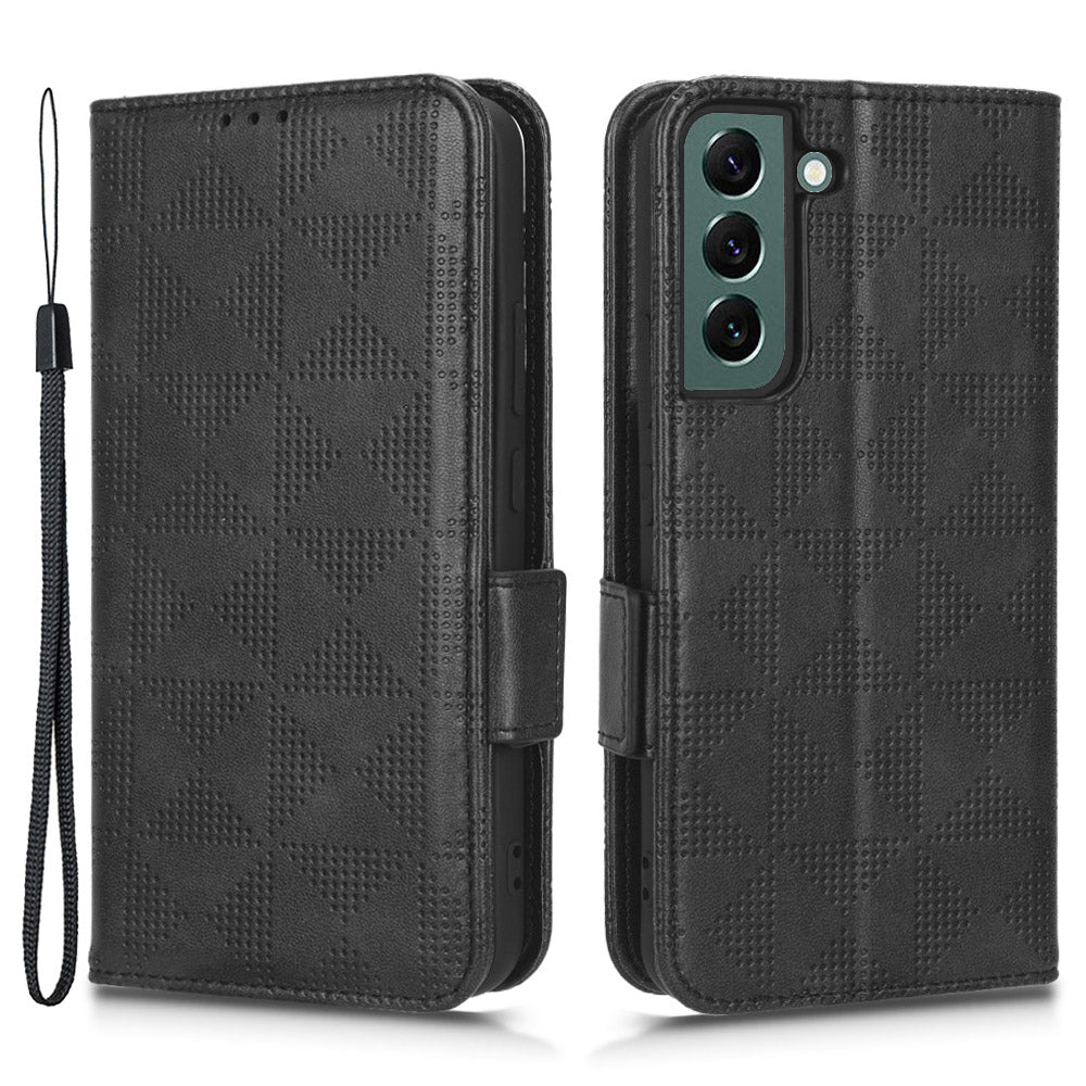For Samsung Galaxy S23 Imprinted Triangle Pattern Phone Cover PU Leather Wallet Stand Cell Phone Case with Wrist Strap For Samsung Galaxy S23 Imprinted Triangle Pattern Phone Cover PU Leather Wallet Stand Cell Phone Case with Wrist Strap